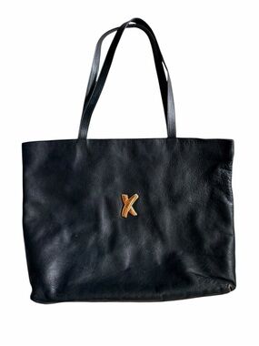 Vintage 90s Paloma Picasso Black Leather Tote Shoulder Bag Gold X Kiss Logo Ital